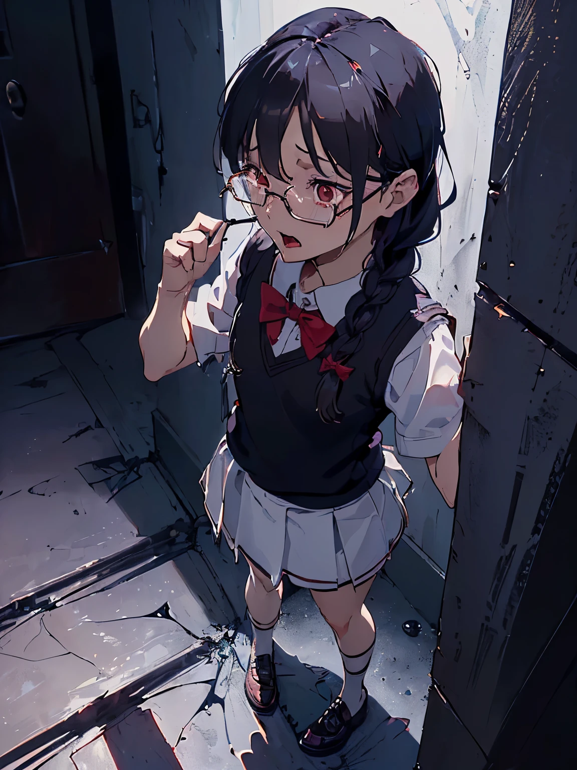 (((masterpiece))) ((( background : horror theme : dark backalley : at night : dark : Pov of sinister men ))) ((( character : chu: fit body : small breast :  braided hair : nerd : wearing glasses : white school uniform : extremely scared : standing in a corner : tears : shouting )))