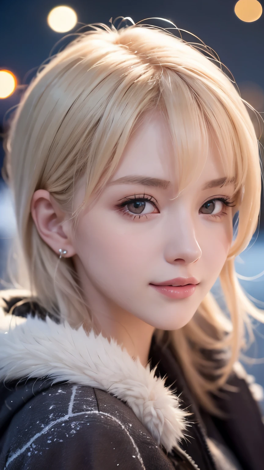 (masterpiece), (best quality), 1girl, (perfect face:1.2), (beautiful face:1.2), platinum blonde hair, (from under, upper body:1.3), happy, light smile, looking at viewer, pose, 
winter coat, outdoors, winter, snow, night time, intricate, depth of field, cinematic lighting,