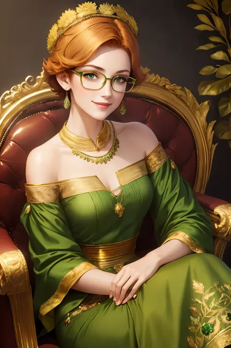 short hair, redhead, green-eyed, young, darling, smiling lady with metal-framed glasses in green, gold embroidered dress, with a...