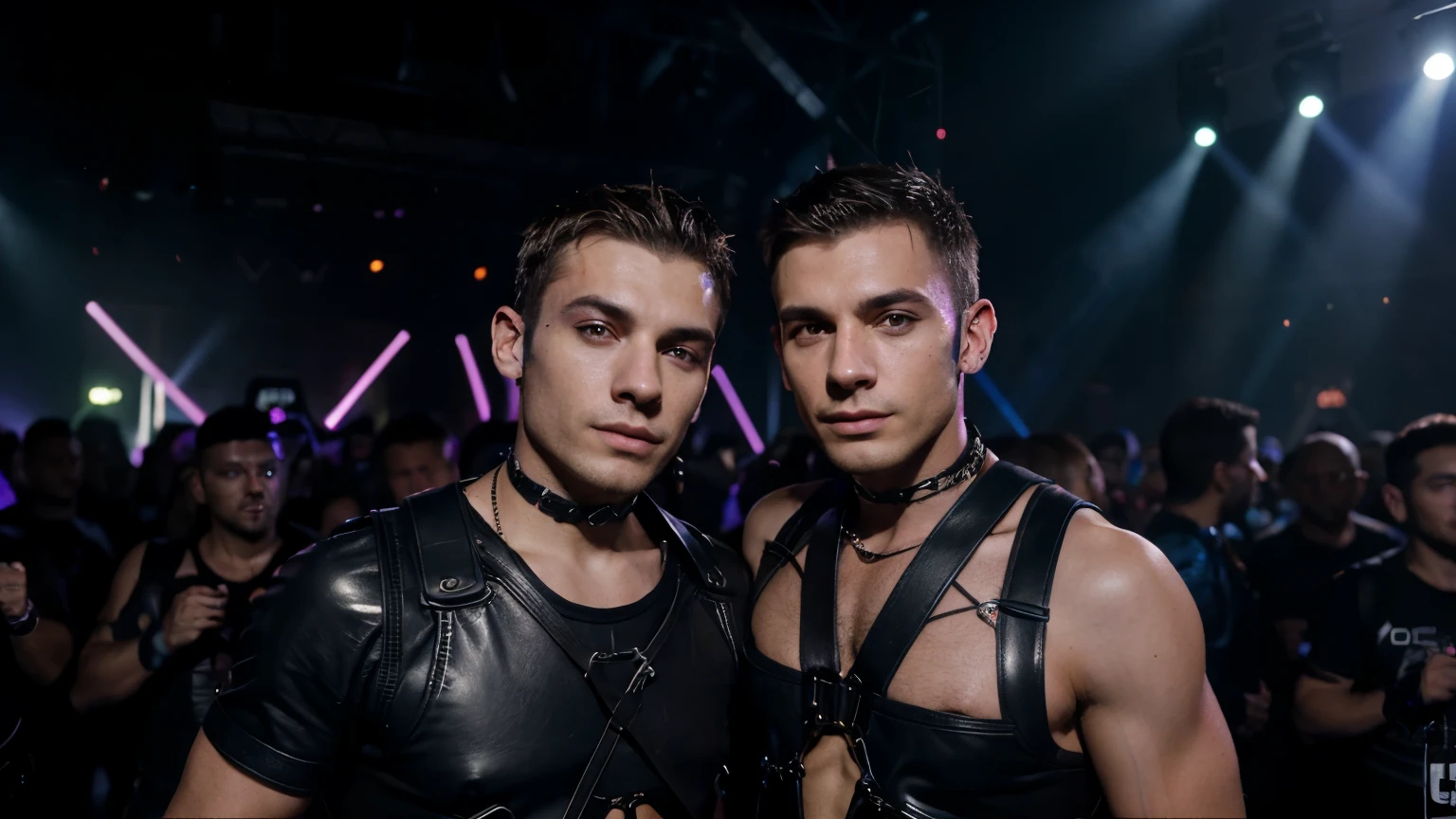 Two men in leather clothes posing for a picture in front of a crowd -  SeaArt AI