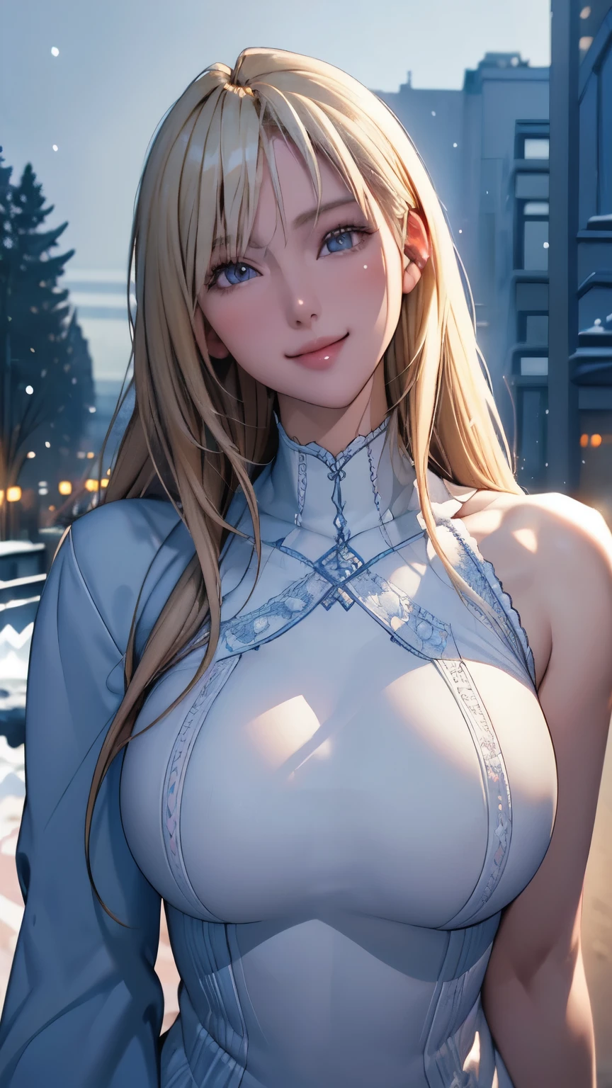 (masterpiece), (best quality), 1girl, (perfect face:1.2), (beautiful face:1.2), platinum blonde hair, (from under, upper body:1.3), happy, light smile, looking at viewer, pose, 
winter coat, outdoors, winter, snow, night time, intricate, depth of field, cinematic lighting,