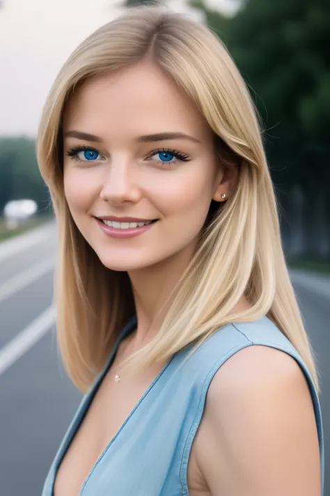 (best quality, masterpiece),1girl, solo, looking at viewer, smile, blond hair, outdoors, blue eyes, lips, day, ground vehicle, portrait, motor vehicle, realistic, car, road, lamppost
, 8k uhd, dslr, soft lighting, high quality, film grain, Fujifilm XT3
