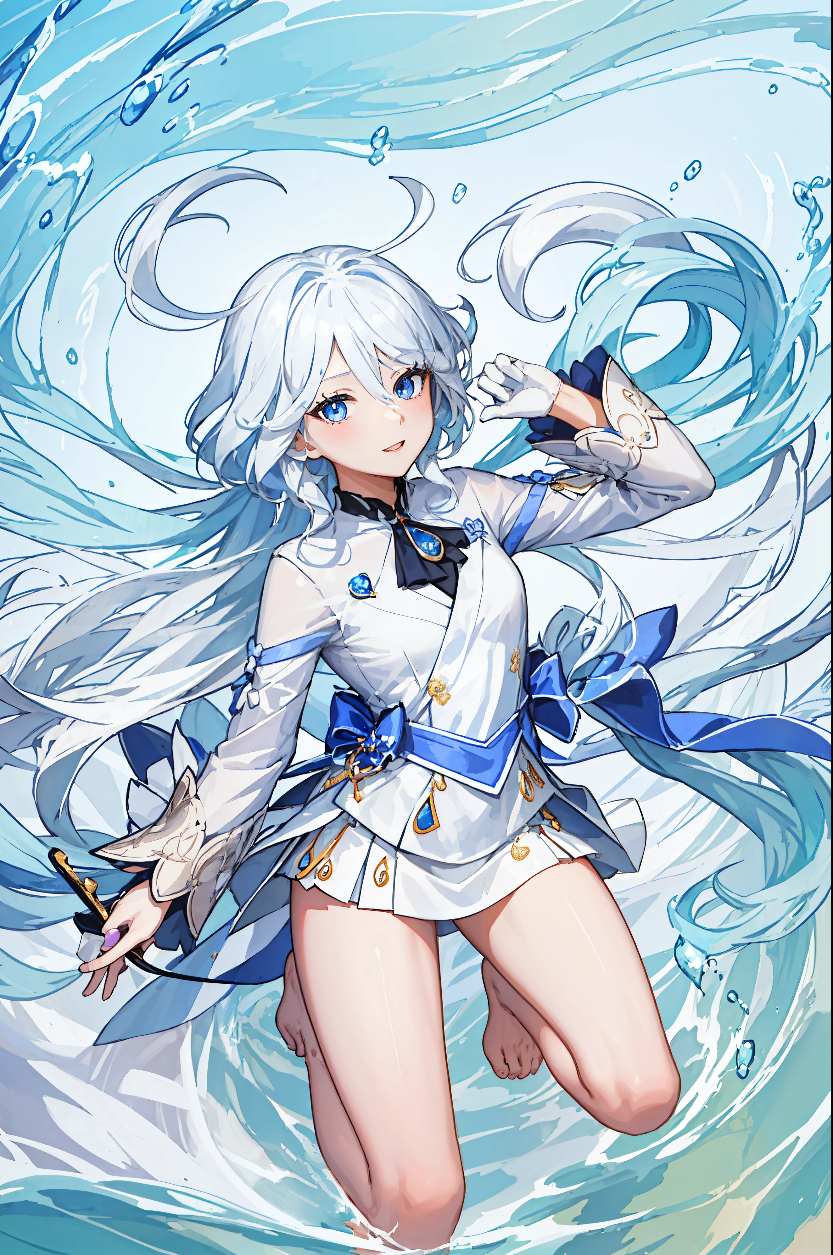 Anime girl with white hair and blue dress in the water - SeaArt AI