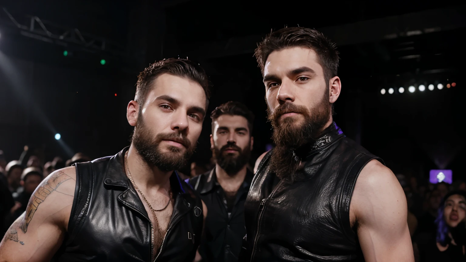 Two men in leather vests standing next to each other - SeaArt AI