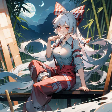 fujiwara no mokou(from touhou) in bamboo forest. she has big tits. she has white hair, red eyes.  she's wearing a white shirt, s...