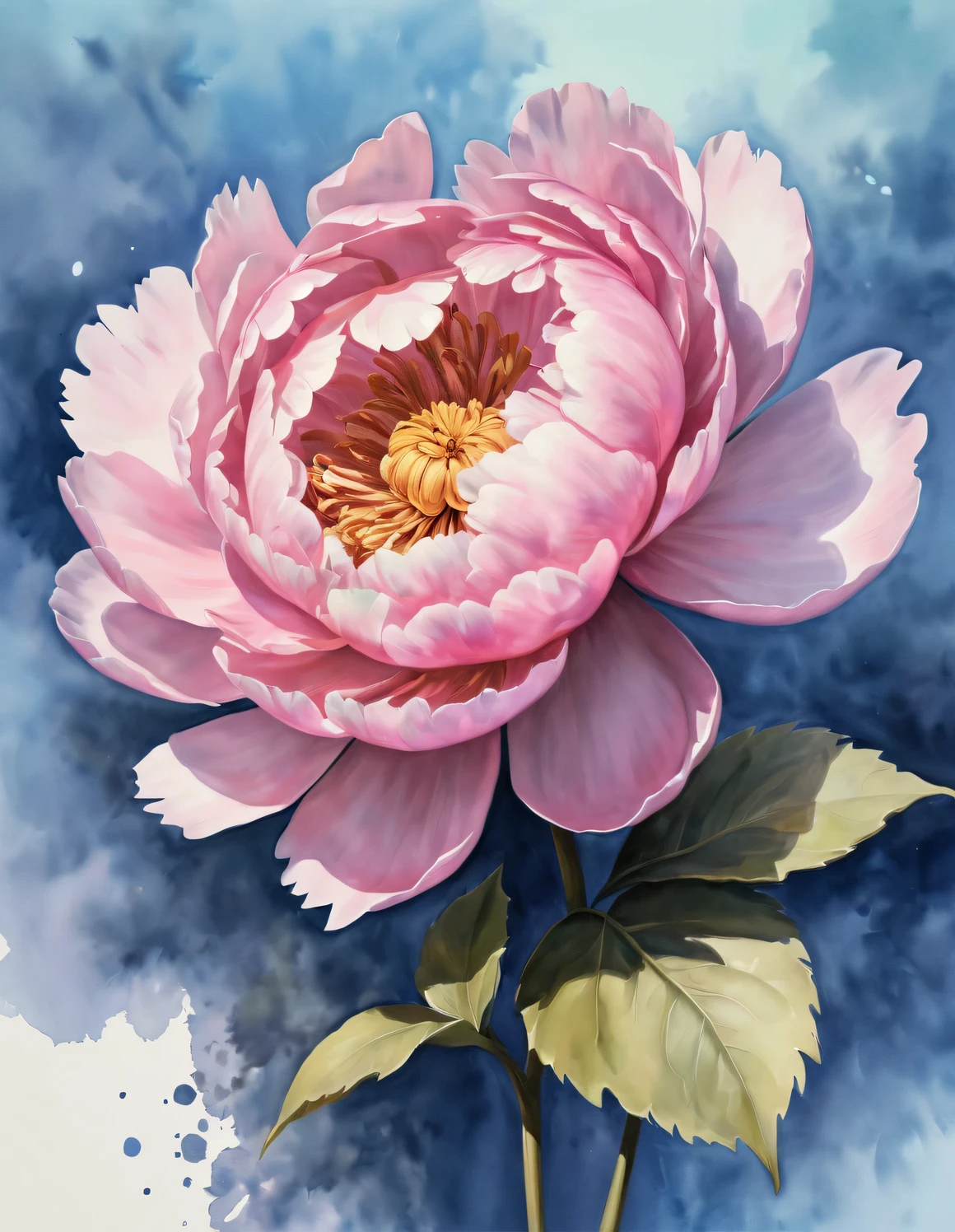 A large pink peony flower on a blue background underwater, Raphael Lacoste (Raphael Lacoste) style, Daz 3D, and Ivan Shishkin. Detailed watercolor painting, illustration, Unreal Engine 5, Elizabeth Gall, watercolor painting,