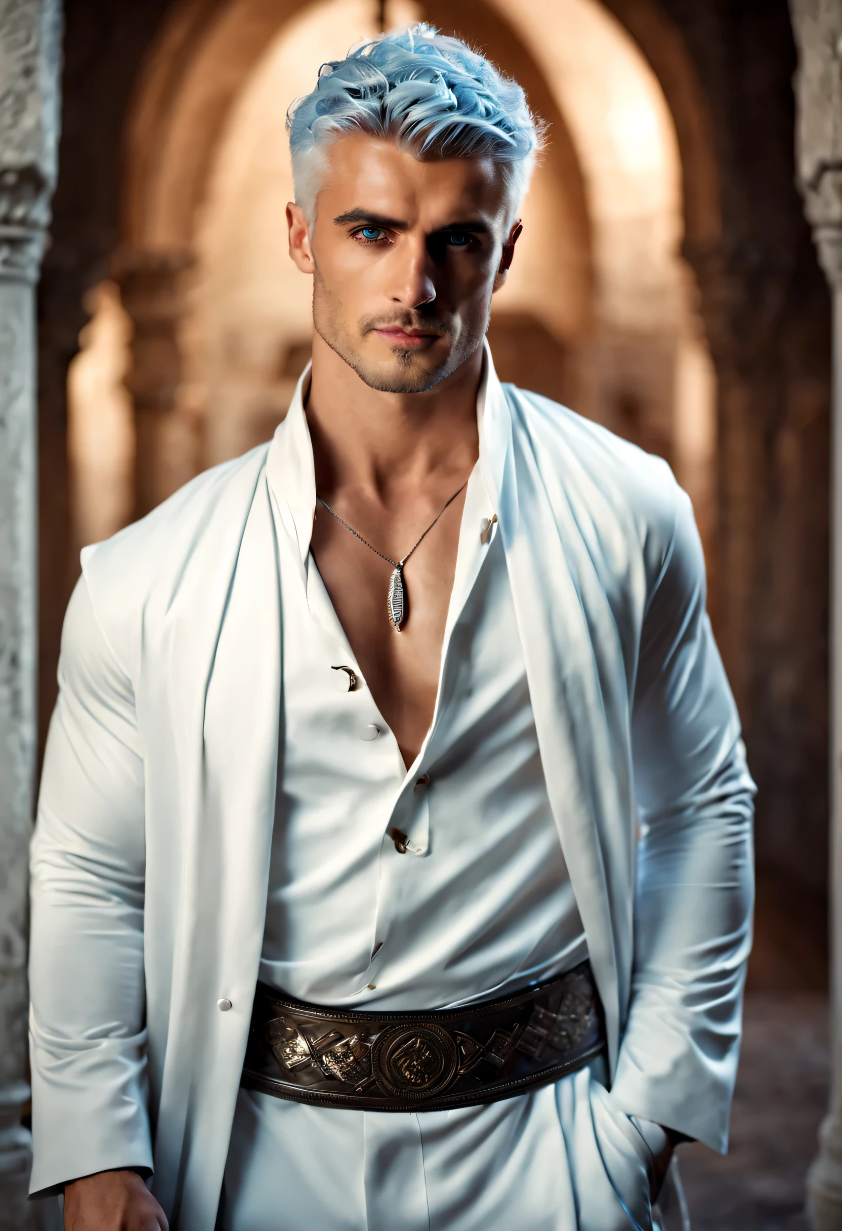 Elegant man, strong physique, white robe, white colored Arabian pants, light blue noble blouse, white boots, messy light blue hair, look of satisfaction, short hair, dark blue colored eyes, noble appearance, holding a silver spear, ancient castle, medieval setting.