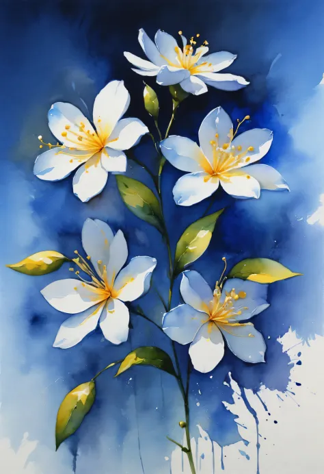 jasmine flowers, watercolor painting,, sampler style, Blue and yellow, Martin Lark, Dima Dmitriev, pack,