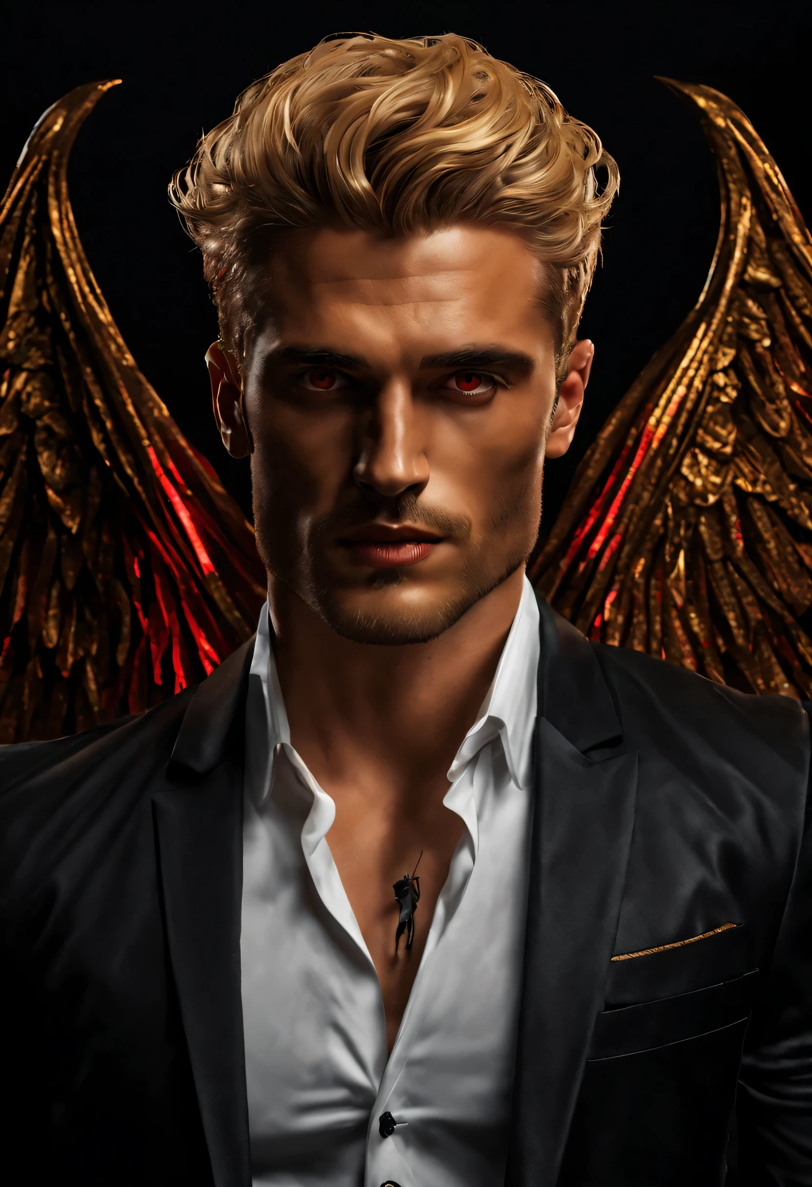 (best quality,4k,8k,highres,masterpiece:1.2),ultra-detailed,realistic:1.37,handsome man with golden hair and short textured hair style,red eyes,black suit and black wings,vampire vibes,dark background,contrasting lighting,vivid colors
