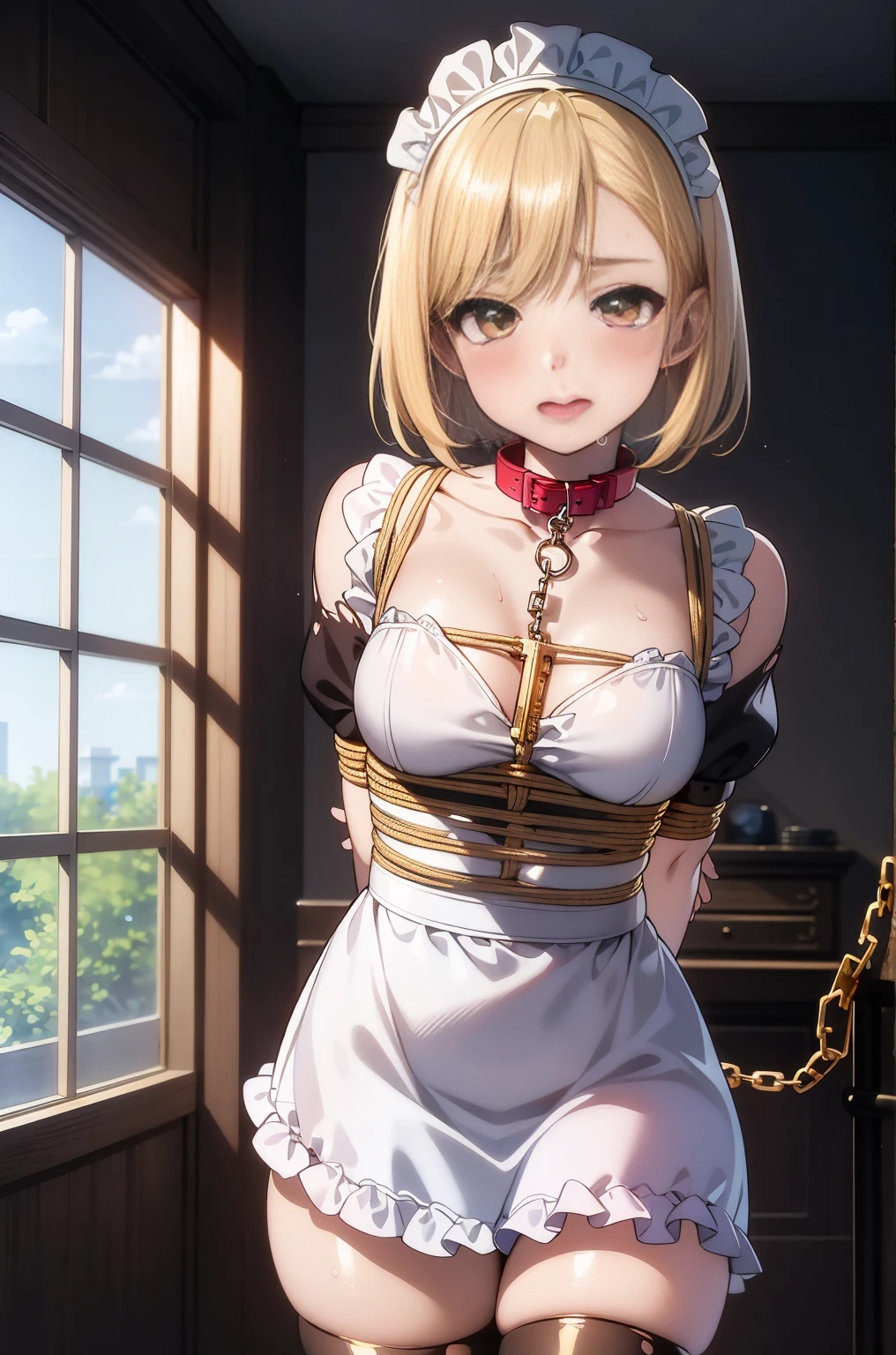 (masterpiece:1.2763), (highest quality:1.2),(NSFW:1.2),(looking at the viewer,throw:1.3) ,(Very detailed CG,clothes reflecting light,detailed background,official art,zettai ryouiki),(High resolution:1.4),(anime key visual:1.2),(cinematic lighting,Backlight,dynamic lighting,dynamic angle,perfect hands,fine and shiny skin:1.2763)(erotic:1.629),cute,fisheye lens,(BDSM:1.4),(mature woman), beautiful silver cut crew cut hair,(beautiful gold eyes)(super detailed, fine hair:1.2763),(shiny hair:1.1025),wavy hair,shiny hair,(maid costume:1.4)(condom,vibrator,toy:1.2),(Collar and chain:1.2),(torn clothes,Just Breathy:1.2),Sweat,bound, exposed,(shame, shameずかしさ,shout,,vapor,crying with eyes open,),(bound:1.2763),(turn your arms behind your back:1.6),(shibari,Gold box,bound,Lope:1.4), (mandatory