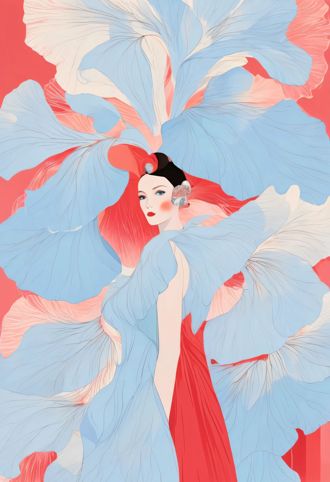 Iris de moda creada por el ilustrador de Sydney Seth Daniels, Con estilos rojo claro y azul claro., cartel de la película, elementos de diseño gráfico atrevidos, De cerca, y artes decorativas