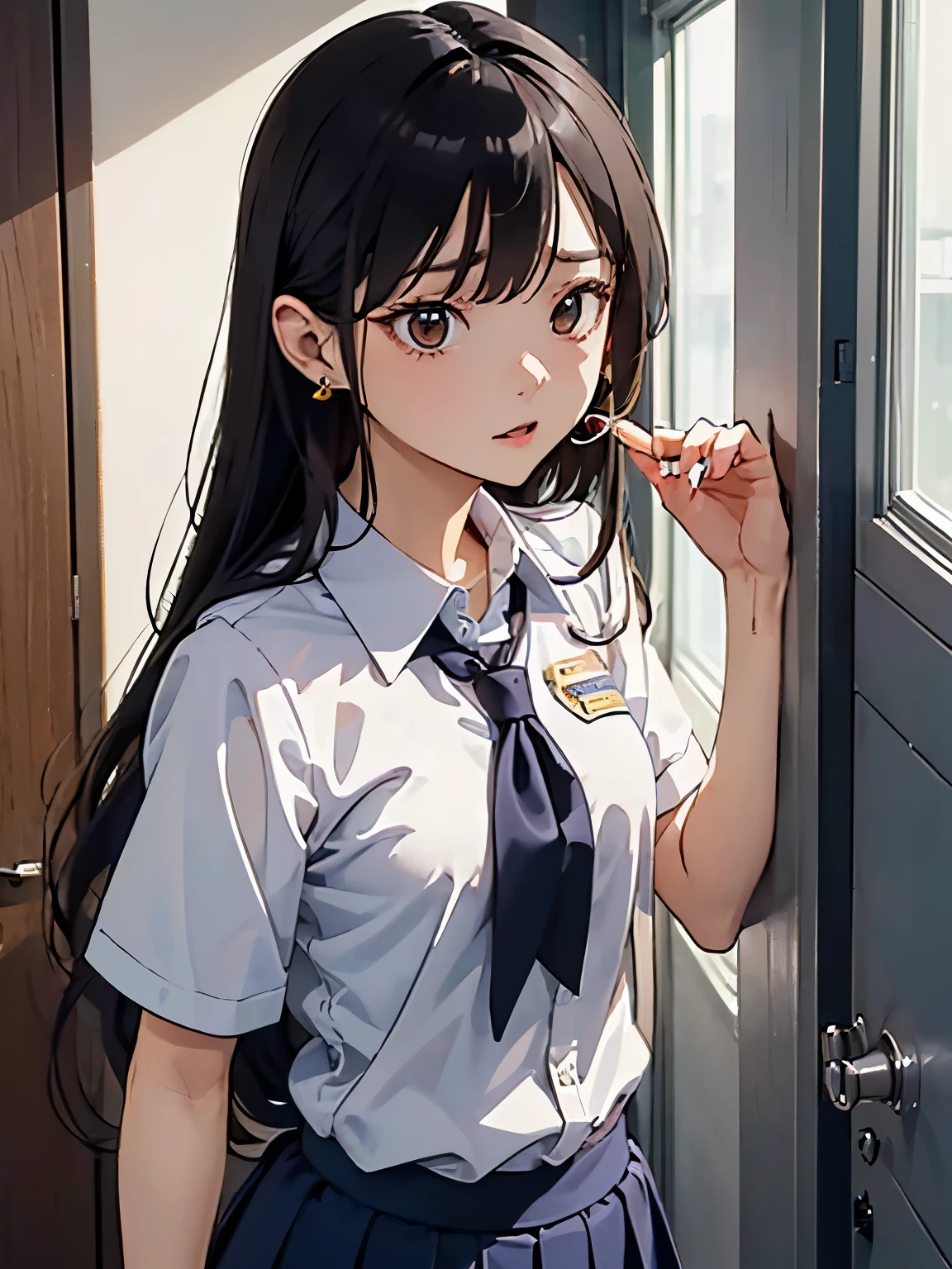 (((masterpiece))) ((( background : school theme : corridor  ))) ((( character : chu: a girl bully : fit body : small breast : long smooth hair : wearing sexy school uniform : earrings :  menacing face)))