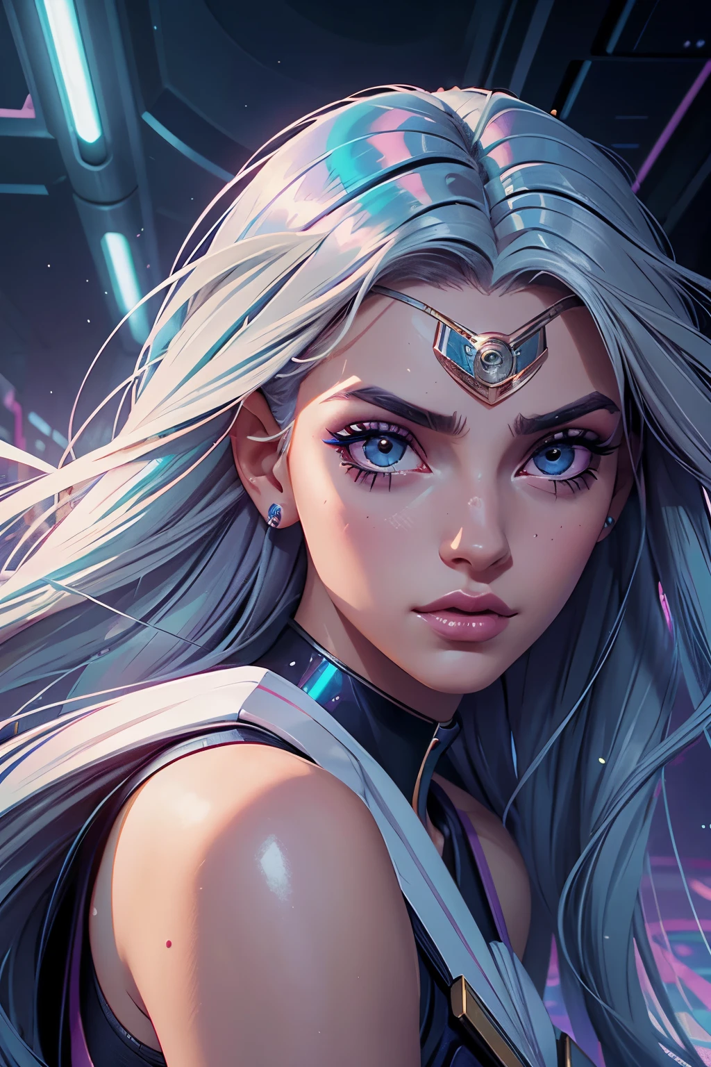 cyberpunk aesthetic, beautiful girl, light iridescent hair, long hair, pastel face cybernetics, grey eyes, long eyelashes, full lips, celestial, light, sailor moon inspired