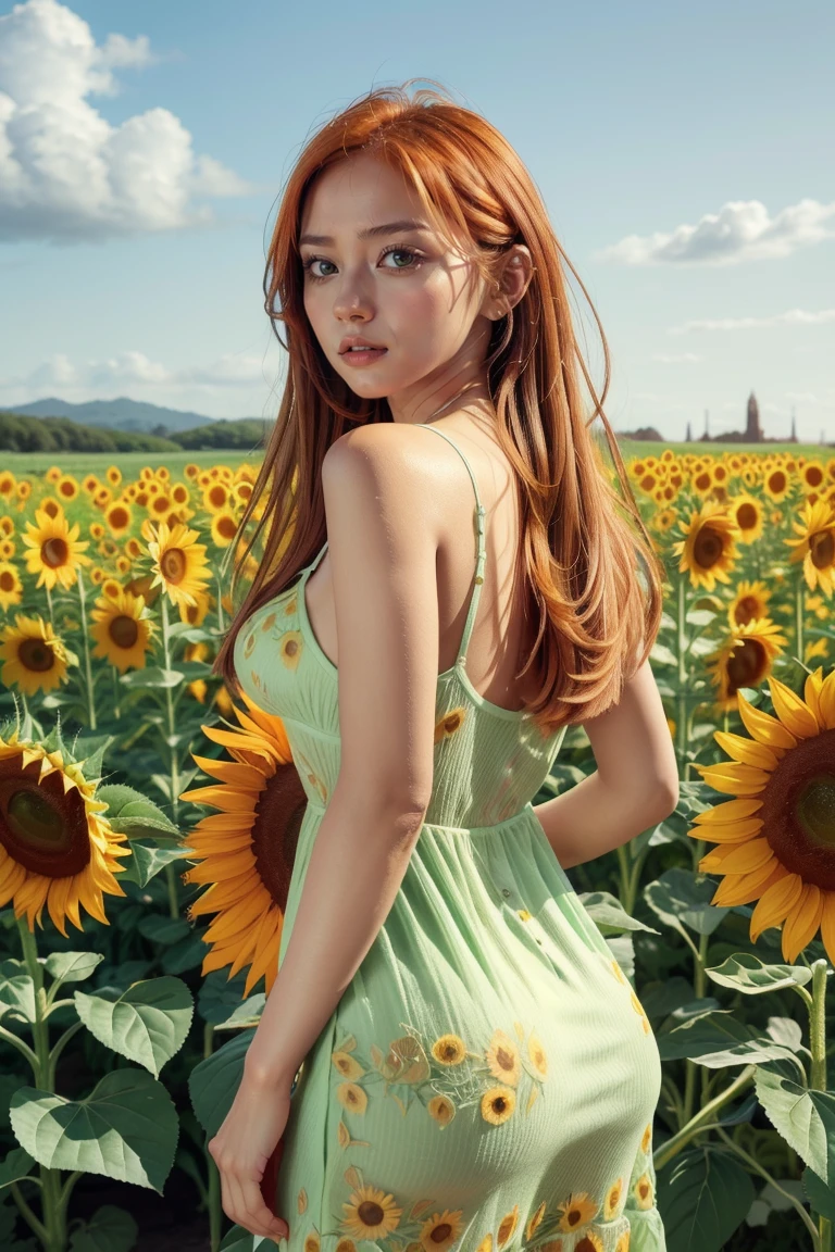 1girl, solo, long hair, orange hair, green eyes, looking back, sundress, sunflower, field,, masterpiece, best quality, highly detailed