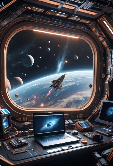 一艘在太空中携带笔记本的universe飞船, Very narrow bezel screen, Black hole vortex sucks in surrounding objects, universe, planet, universe飞船, ...