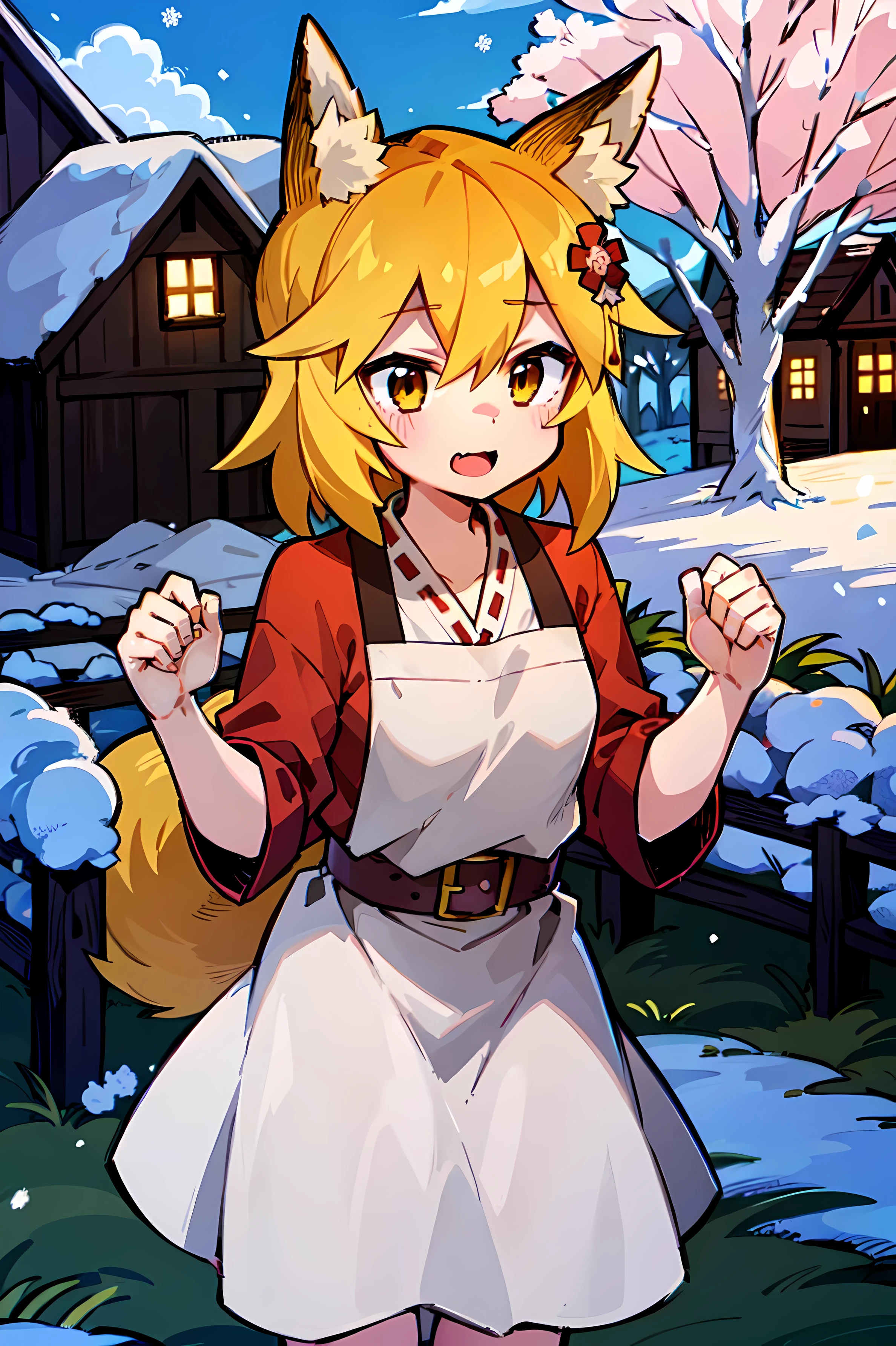 Young woman, Fox ears, 4K image, flowers of different colors, field, Beautiful trees, Maximum details, village, Houses, Beautiful cloud, a very nice girl, fists, Preparing for battle, Aggressive face, Vampire's Tooth, White Trees, snow, overcast weather, snowурочка, Наряд snowурочки