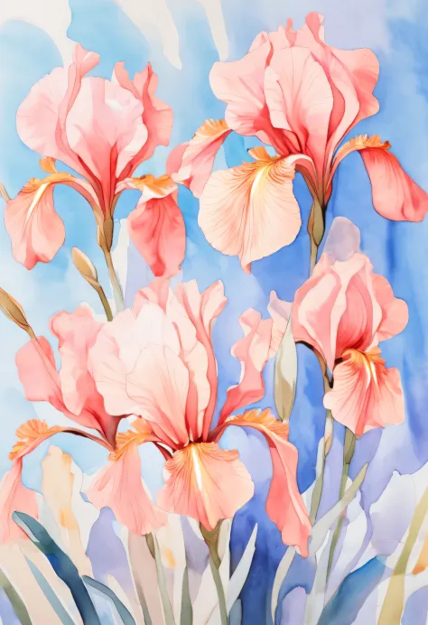 watercolor painting，beautiful iris flower, The contour is sharp, Works by Sydney illustrator Seth Daniels, Light red and light blue styles, movie poster, Bold graphic design elements, close up, Decorative Arts，