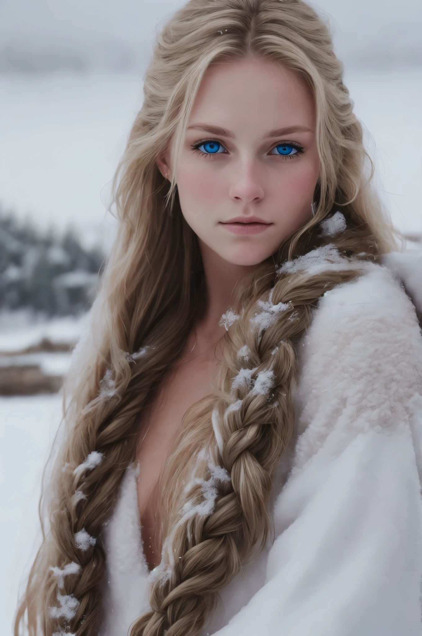 (реалистичный:1.2), аналоговый стиль фотографии, Скандинавская женщина-воин, фантастическая снежная обстановка, заплетенные светлые волосы, все тело, мягкий естественный свет, Мило и сексуально, удовольствие, детальное лицо и голубые глаза, отличное качество, шедевр, детальный северный фон, качество: 16 тыс., RAW-фото