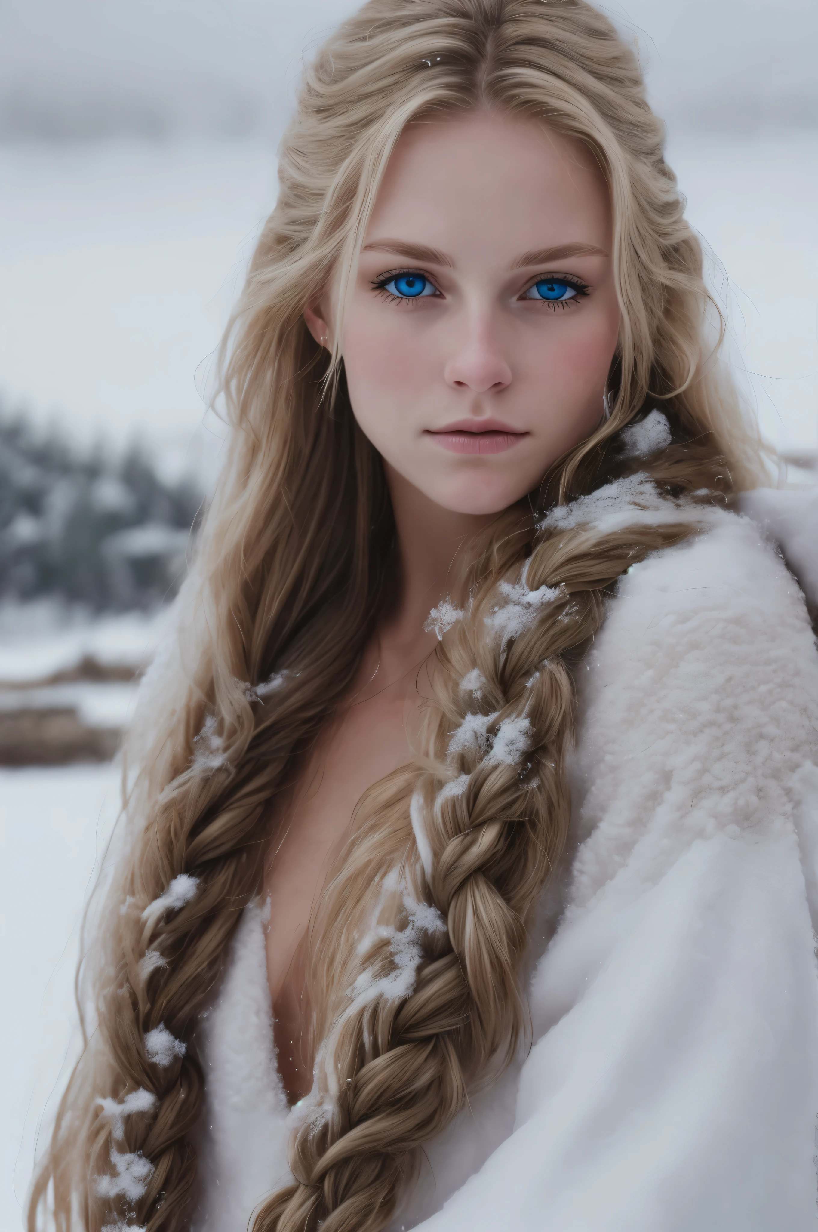 (Realistic:1.2), Analog Photography Style, Scandinavian woman warrior, fantastic snowy setting, braided blonde hair, whole body, Soft natural light, Cute and sexy, Pleasure, detailed face and blue eyes, отличное Quality, masterpiece, detailed northern background, Quality: 16 thousand., raw photo