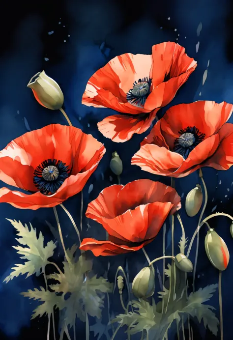 watercolor painting, Beautiful red poppy flower, dark blue background, Works by Sydney illustrator Seth Daniels, movie poster, Bold graphic design elements, close up, Decorative Arts,,
