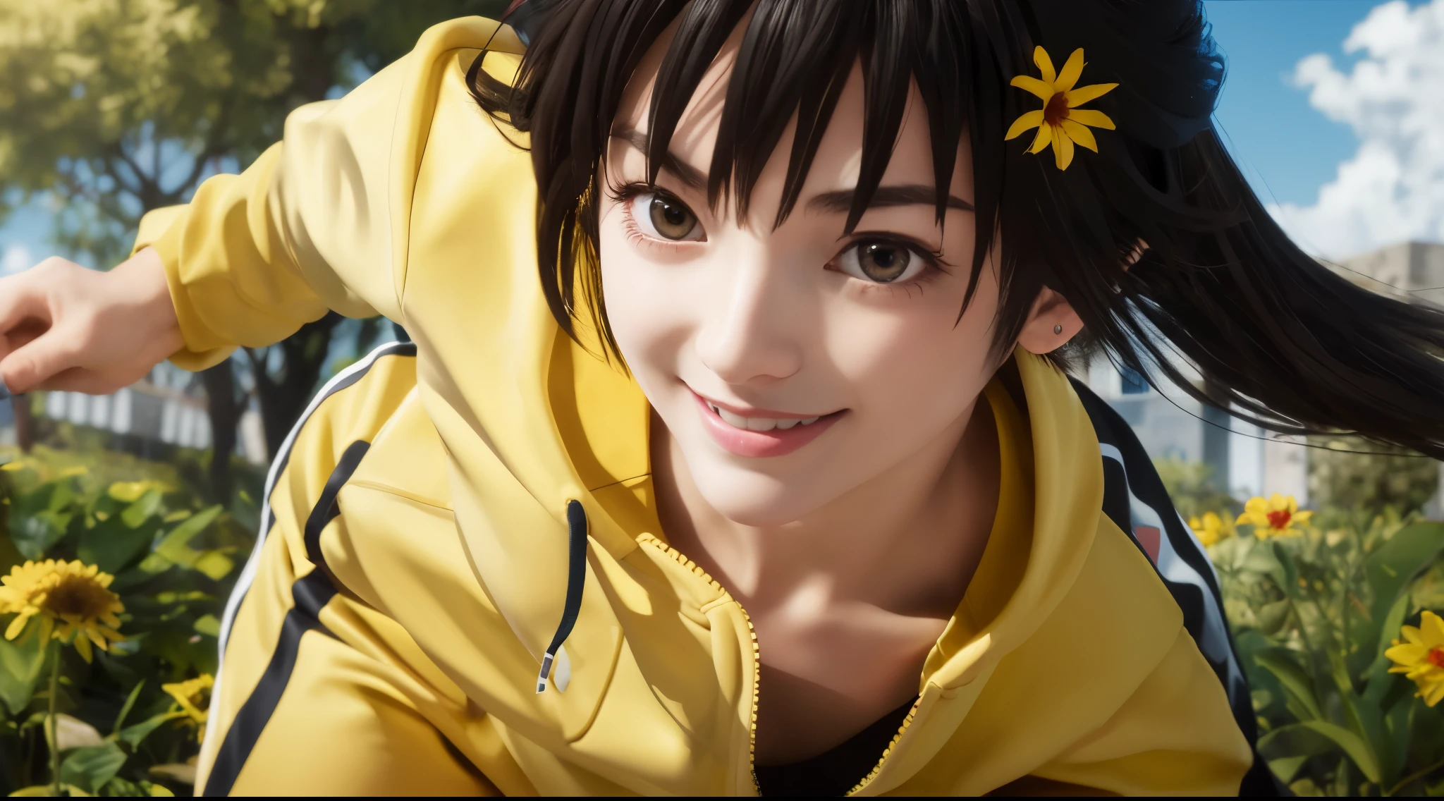 masterpiece, highest quality, ultra high resolution, highest quality, anime style, best writing, beautiful face, 1 girl, alone,  Ren Araki, long hair,  Ahoge, (yellow tracksuit:1.3), Front opening, Yellow pants,  shorts, black tank top, (Egg garnish:1.3), garden, flowers, wood,  close your face, smile, morning, jumping knee strike, highest quality, 8K, Super detailed, photorealistic, highest quality, 8K, Super detailed, photorealistic, 