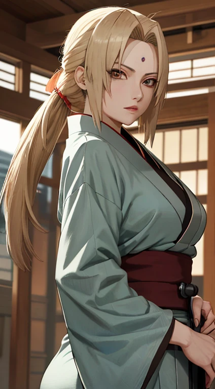 Senju Tsunade, bella, masterpiece, Very detailed, better quality, best lighting, best shade, perfect face shape, bright brown eyes, blue mark on forehead, Wearing a gray kimono、Red belt and green jacket, 1 girl, Big , big ass, Lean forward and look at the audience, In Konoha,