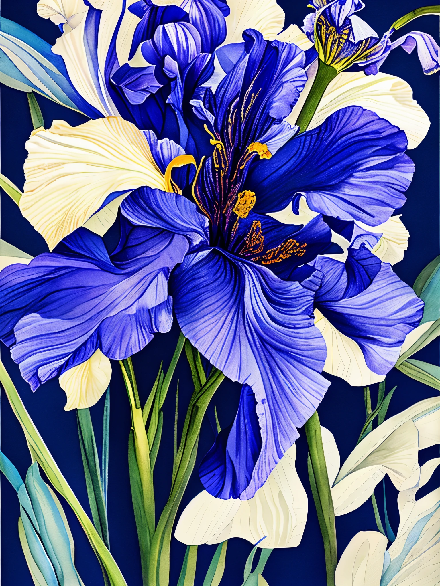 la peinture à l&#39;aquarelle, belles fleurs d&#39;iris, fond bleu foncé, œuvres de l&#39;illustrateur de Sydney Seth Daniels, Affiche de film, éléments de conception graphique audacieux, Fermer, art décoratif,,