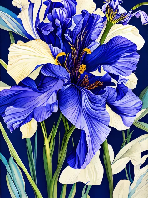 Watercolor painting, beautiful iris flowers, dark blue background, works by Sydney illustrator Seth Daniels, movie poster, bold ...