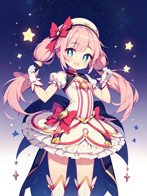 (1girl in:1.2), (Solo:1.2), masutepiece, nffsw、Shaders、Brilliant Textured Work、Ultra-detailed eyes、ultra-intricate pupil in eyes、top-quality、Kirby Wind、Pink hair、Lori、小柄、Gamine、Star Elements、Pink costume、magical girl costume、Star Hat、Magical Girl Gloves、Magical Girl Boots、Active Pose、Standing Picture、Mini character style、GameCG、Cheerful smile、