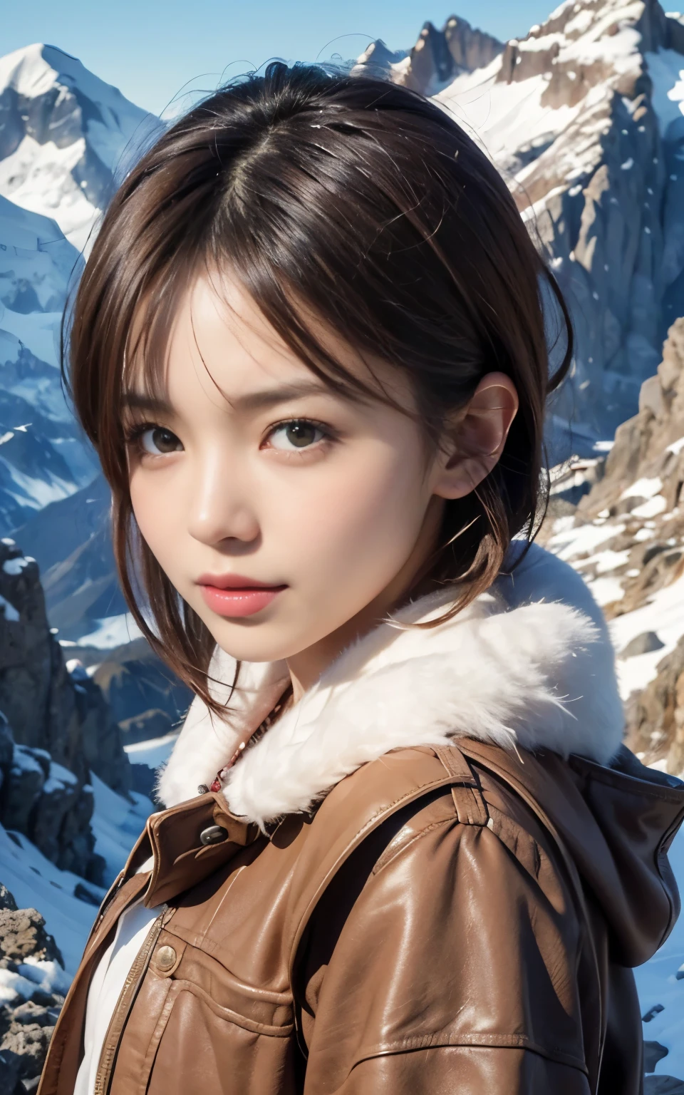 cute 21 year old japanese、daytime、mountain climbing、mountaintop、snow、snow山、super detail face、eye for details、double eyelid、beautiful thin nose、sharp focus:1.2、Beautiful woman:1.4、(light brown hair,short cut hair, white skin、highest quality、shine、masterpiece、Super high resolution、(Photoreal:1.4)、mountain climbing用の服、best smile、