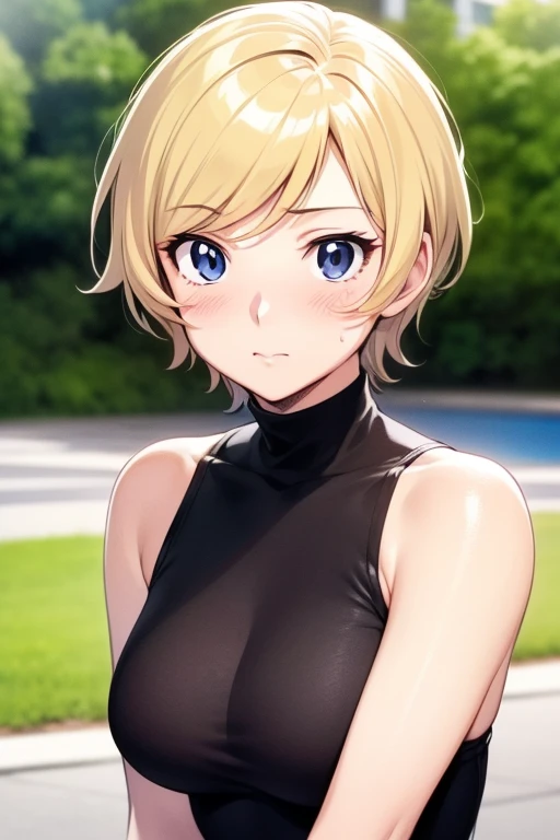 mangamichirum, 1girl, blond hair, short hair, blush, medium breast, (black inner shirt, turtleneck), upper body, looking at view, (masterpiece, high resolution, best quality, anime screencap, anime colored, 8k, photorealistic)