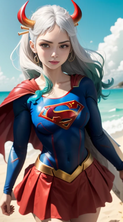 (best qualityer:1.3), Supergirl, red cloak, S for Superman on chest, blue swimsuit, Red skirt, red boots, (demon girl) busty, Breasts huge, seductiv, sexly,  boobies , white hair with light green tips, horn with red tips