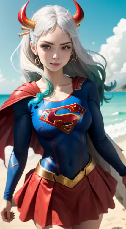 (melhor qualidade:1.3), Supergirl, capa vermelha, S do super-homem no peito, blue swimsuit, Red skirt, botas vermelhas, (demon g...
