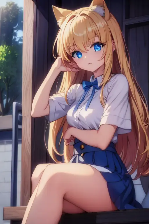 blue eyes, blonde hair, cat ears, short stature, sitting pose, resting on chin