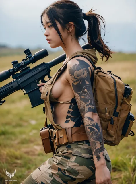 A girl with a tattoo holding an automatic rifle, showcasing ultra-detailed skin texture and realistic features. The artwork should be of the best quality and resolution, with an emphasis on capturing every intricate detail. The overall style should be phot...