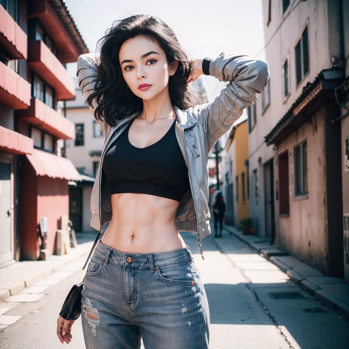 gorgeous cute Austrian girl, (crop  top), Steel gray hair loose  hair, wears a black top ,black boots, standing on the street, R...