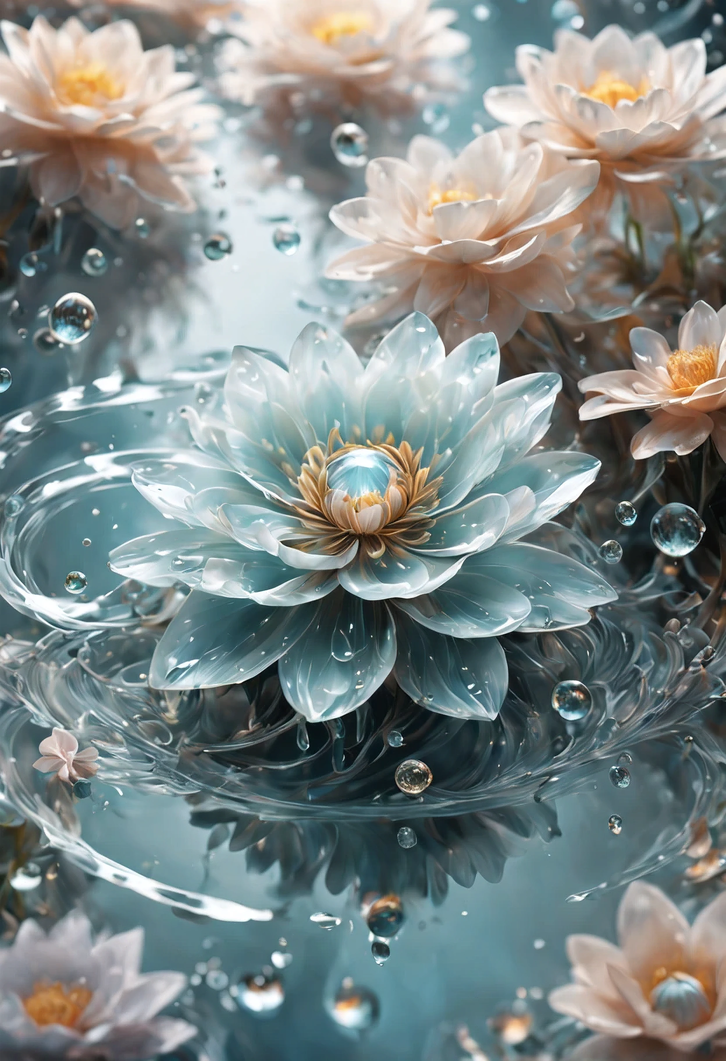 (((intricate detail:1.4))), (((extremely insane detail:1.4))),(((highest quality:1.3))), (((Soft colors 4k highly detailed digital art:1.3))). | Close up of delicate splash of water that forming into magical flower, as splash of water reflect light, each splash detailed and rendered with a masterful gouache technique,surrounded by mysterious atmosphere of light and shadow art, splash of water everywhere, great environment, subtly illuminate,fantasy art behance,surreal, its beauty and strength captured,It gives a majestic aura.