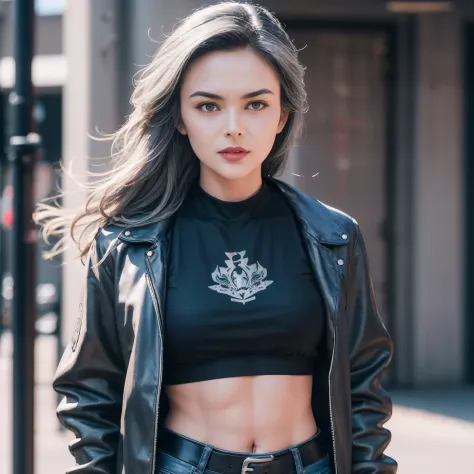 gorgeous cute Austrian girl, (crop top), Steel gray hair loose hair, wears a black top ,black boots, standing on the street, Red fluffy clothes, skinny paint and long jacket , hip hop , hands are style according to photo ,perfectly symmetrical face, realis...