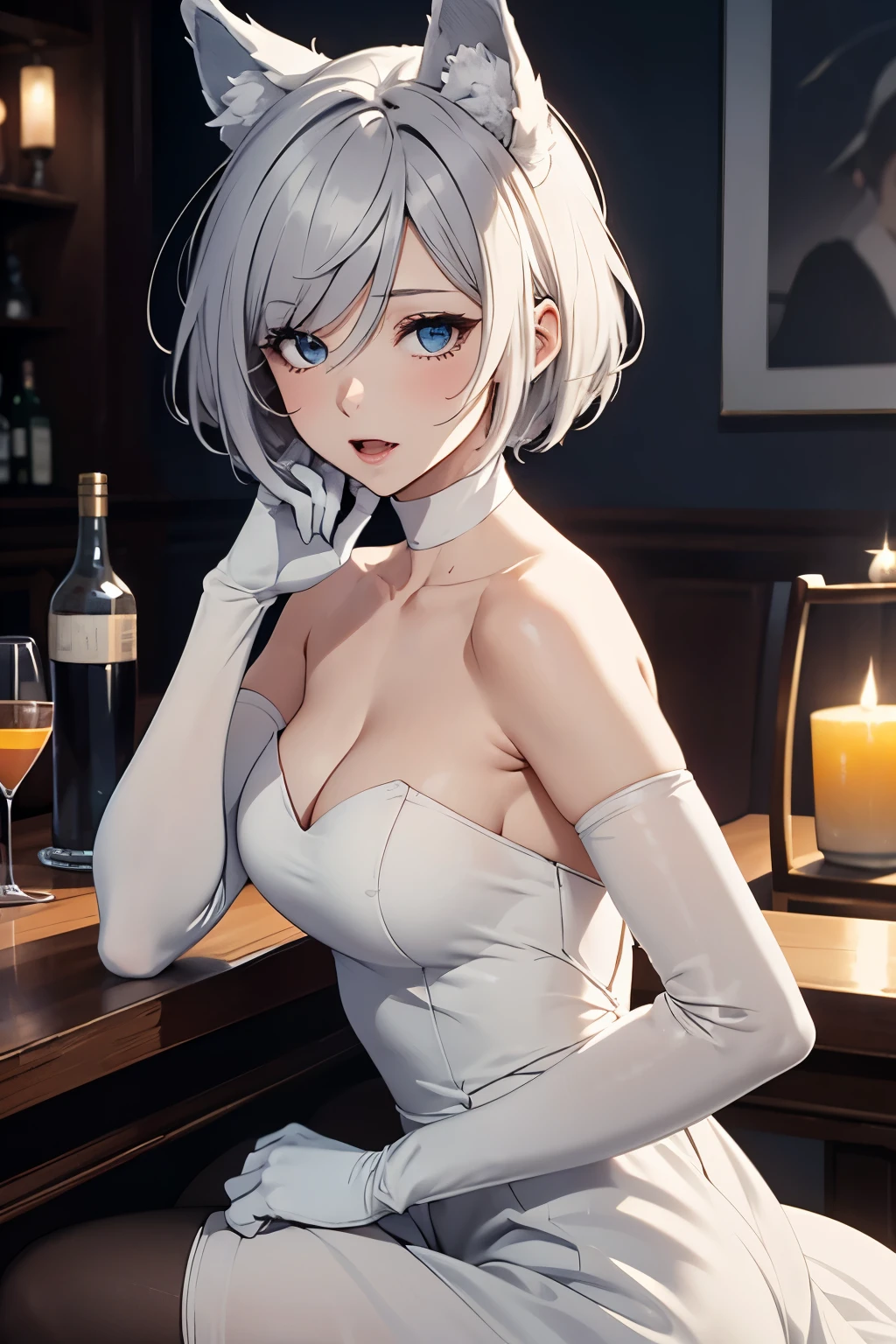 table top　High level image quality　best image quality　8K　 adult woman　Portrait　white long gloves　white pantyhose（（blanche））　cocktail dress（（Tube top）blanche））　wolf ears　short hair（（shortcut）（gray hair）（perm）（fluffy））　eye color is blue　sleepy face（（yawn）（close one eye））　Holding a glass