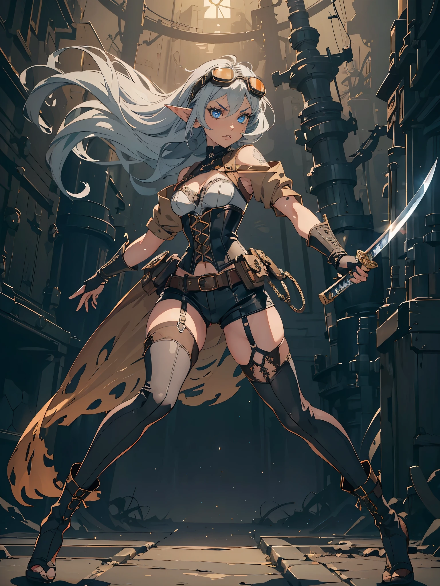 masterpiece, high quality, inside underground cave, 1_woman, ((full body)), mid-jump, mid-air, ((holding japanese katana in hand)), (exotic skin_complexion:1.4),mature, leaping at camera, tall, beautiful, exotic, with long elf ears, looking to the side, long hair, silver hair, detailed face, angry expression, anime fight pose, having diamond shaped eyes, blue eyes, (dark_eyeliner), long_eyelashes medium_bust, thigh gap, wearing Steampunk corset, chest window, (brown shorts), crossing belts, (goggles on head), red tinted goggle lenses, long fingerless_gloves, belts with metal gears, making fist, black thigh highs with embroidery, knee boots with laces, dynamic lighting casts detailed shadows