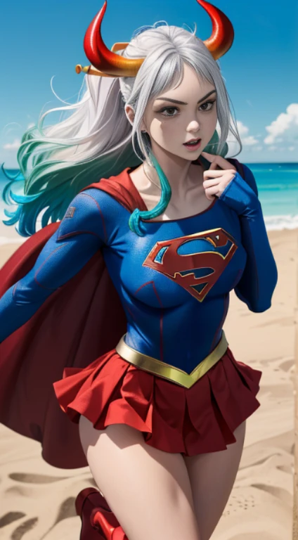 (melhor qualidade:1.3), Supergirl, capa vermelha, S do super-homem no peito, blue swimsuit, Red skirt, botas vermelhas, (demon girl), seios mui enormes, sedutora, sexy,  peitos , cabelo branco com as pontas verde claro, chifre com as pontas vermelho