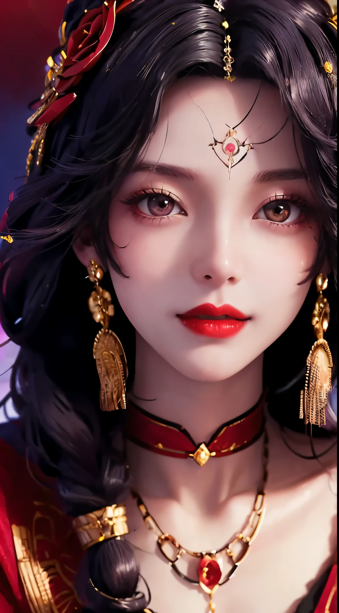 1 beautiful20-year-old girl, ((Wearing a super thin red dress:1.6)), dress with diamonds, ((Long black-purple hair:1.6)), bangs, Jewelry crafted from gemstones and beautiful hair, ((Wear a black lace necklace:1.4))), noble, The noble temperament of a very beautiful girl, Her little face is super cute, her face is beautiful, Thin eyebrows, flawless beautiful face, ((dark circles pupils: 0.8)), Very beautiful tearless eyes: 1.6)), Beautiful makeup and hair with detailed eyelashes, steam eye makeup, high nose, earrings, red lips, ((Keep your mouth shut: 1;5 )) beautiful lips, slender hands, The most beautiful thighs, ((Spread arms to both sides: 1.5) ), rosy face, clean face, flawless beautiful face, Smooth and fair skin, (: 1.5)), ((high chest: 1.6) ), tight, beautiful, ((( and super round: 1.8))), ((super tight: 1.7)) , beautiful, Perfect body, back arm, Hold your chest out, Black lace trim Fine black mesh, (((sitting position, Lean back and place your arms behind you:1.5))), ((Hold your chest out: 1.5)), don&#39;t be shy, 8k photos, super high quality, surreal, Super 10x Pixels, Optical, bright studio, bright edge, dual-tone light, (High detail skin:1.2), ultra 8k, soft light, high quality, volumetric light, lifelike, lifelike high resolution, light, best photos, 4K, 8K quality, Blur effect, Smooth and sharp, 10×pixels, ((Red flowers background:1.5)), Aurora, lightning, Super lifelike graphics, The most realistic graphics, alone, alone, The image is extremely clear, surreal, (((frontal portrait: 1.6)))."