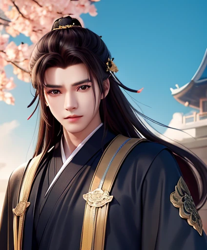 Man, handsome, swordsman, jianghu, holding a long sword, Chinese style, long hair, three-dimensional facial features, black robe, messy hair.