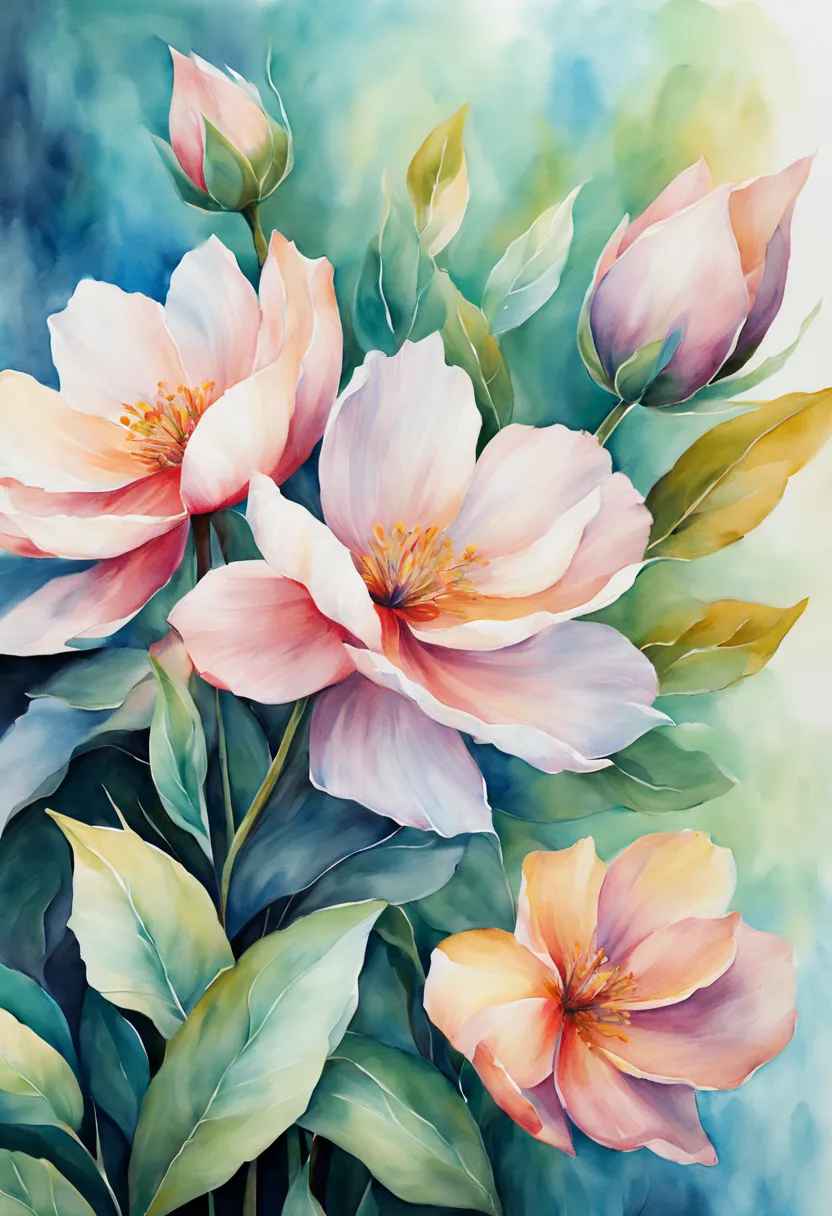 highres,watercolor flowers painting,vibrant colors,soft and delicate petals,subtle brushstrokes,detailed leaves and stems,beauti...