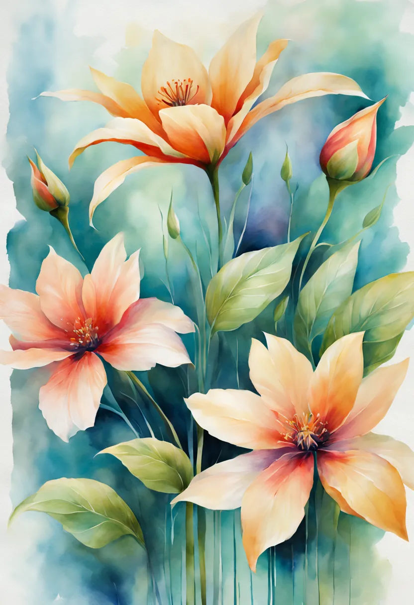 highres,watercolor flowers painting,vibrant colors,soft and delicate petals,subtle brushstrokes,detailed leaves and stems,beauti...