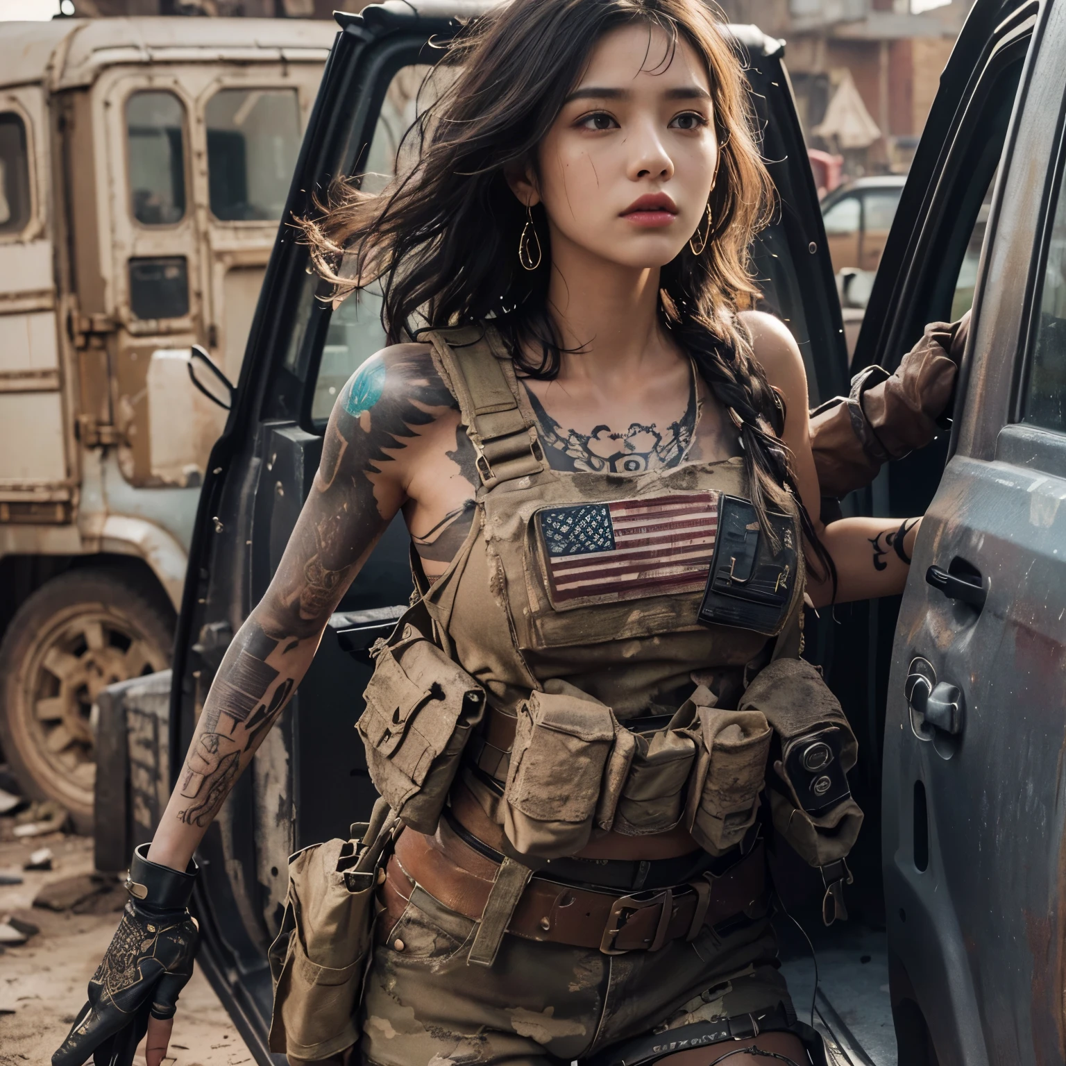 (highres,realistic:1.2),detailed skin texture,automatic rifle,tattoo,woman in a post-apocalyptic wasteland,grim expression,heavy boots,sharp focus,dusty atmosphere,desolate landscape,gritty style,bullet-ridden walls,dark clouds,military attire,bandaged arm,smoke-filled air,fallen debris,scavenging for supplies,gritty urban backdrop,muted color palette,abandoned buildings,weary eyes,armed and dangerous,strong female protagonist.(highest quality,photorealistic:1.37),(realistic,High resolution,super detailed),(tattoo:1.1),(fine skin texture), (bright colors), (soft lighting), (Grunge background), (female model), (close), (colorful ink), (body art), (vibrant tattoos), (intricate design), (dynamic pose), (expressive face), (Elegant attitude), (tattoo artist), (studio setting), (water droplets), (Dripping effect), (wavy hair), (thin line), (shading techniques), (subtle highlights), (glowing skin), (smooth complexion), (depth and dimension), (enchanting eyes), (ornate pattern), (Bold contrast), (varied textures), (meticulous attention to detail), (Artistic expression), (Unique style), (Masterpiece production), (show off your skills and talents)、