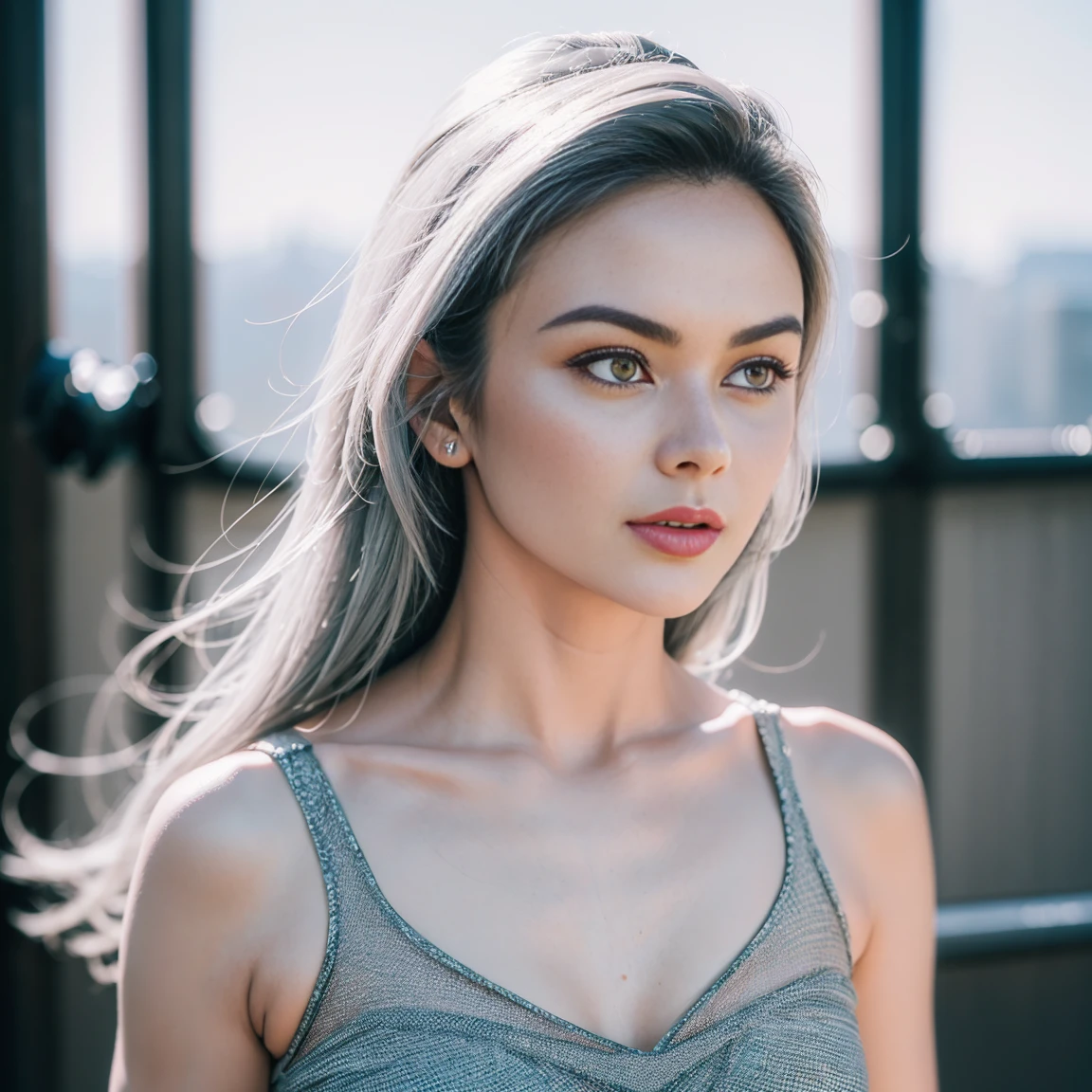 gorgeous cute Austrian girl, (crop  top), Steel gray hair loose  har, wearing a design dress, looking fashionable , looking back towards camera , perfectly symmetrical face, realistic detailed skin, vivid colours, HDR, hard shadows, art photography, sharp focus, masterpiece, breathtaking, atmospheric perspective, diffusion, pore correlation, skin imperfections, 80mm Sigma f2, depth of field, intricate natural lighting