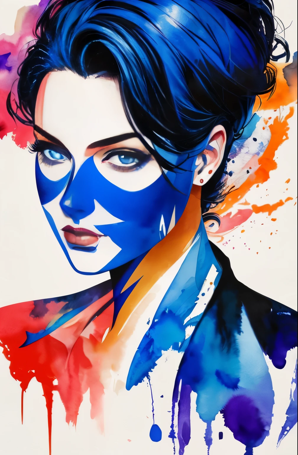 peinture d&#39;une femme au visage bleu et blanc, Aquarelles de Sylvia Pelissero, verre, art figuratif, Aquarelle intense, art détaillé à l&#39;aquarelle, aquarelle, éclaboussure, surréaliste, Avant-garde pop art, Des peintures belles et expressives, Belle illustration d’œuvre d’art, des tons très colorés, merveilleux, Beauté fraîche, la plus haute qualité,art officiel, Femmes Seulement, contour net, meilleur tir, art vectoriel, Écrit par Sandra Chevrier, Dave McKean、par Richard Avedon、Écrit par Makiezi Kusiala