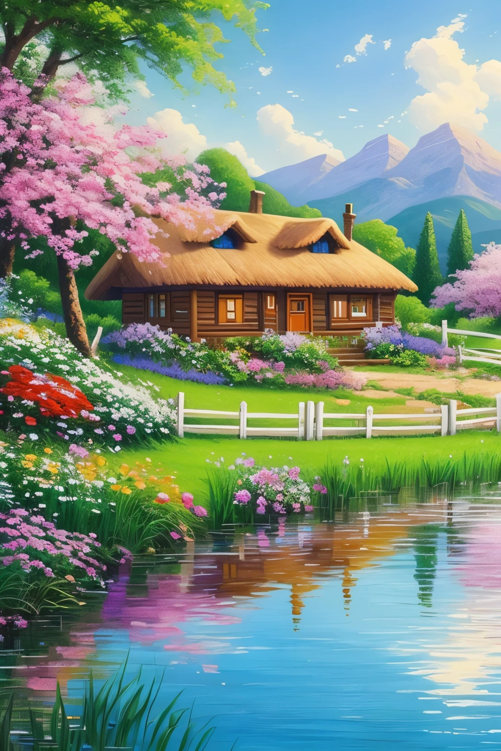 painting of a cottage, flowers beside of fence, fence along the road,  mountain landscape with a lake and a boat, birds flying in the blue sky, illustration matte painting,  inspired by Thomas Kinkade, symmetric matte painting, detailed scenery , style raw, 8 k ultra detailed