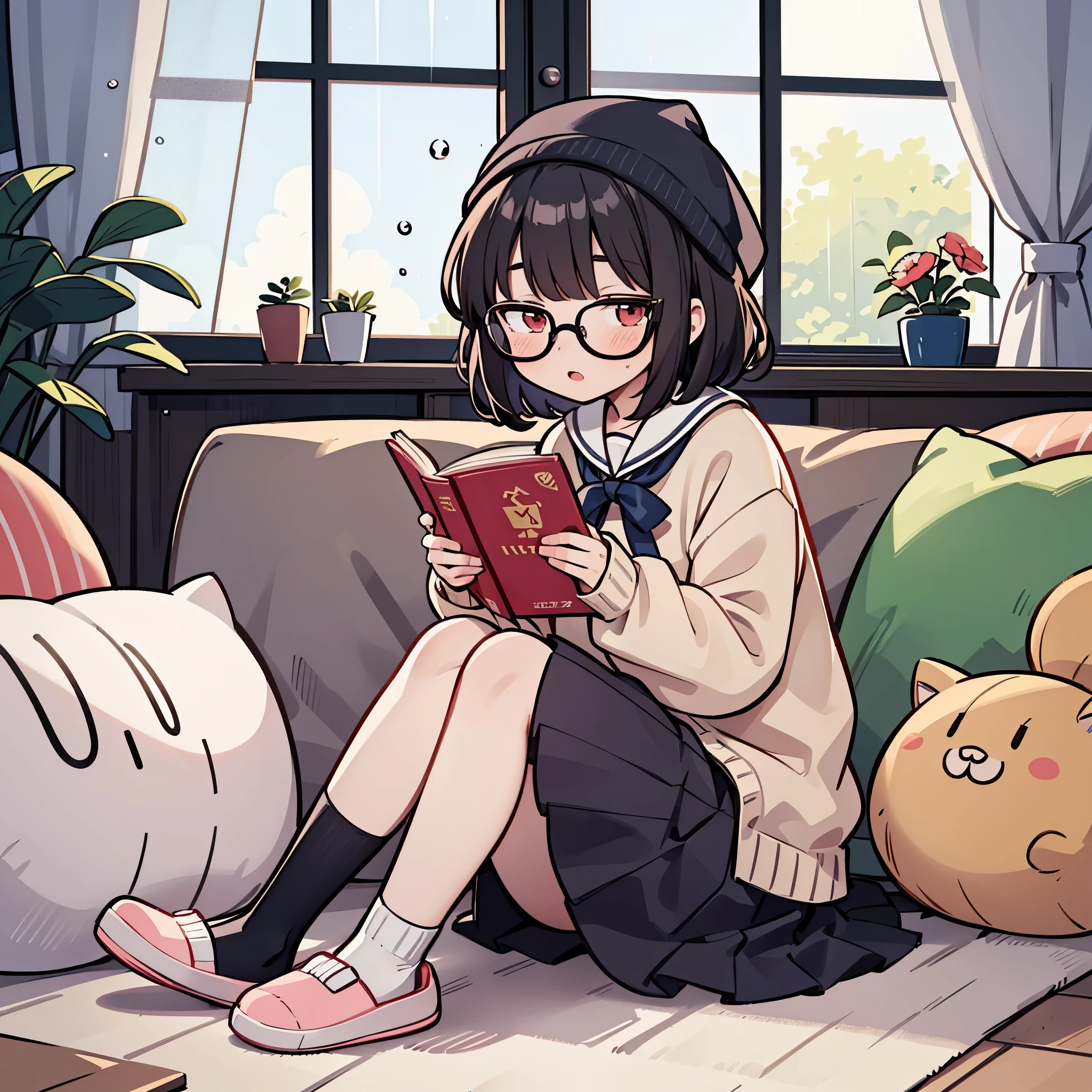 1 girl, solo, black hair, fluffy cut hair, cute , red eyes, looking at viewer, sitting on a couch, raining outside, window, raining scenery window, holding book, black school sweater clothes, black beanie, short skirt, socks, (cute slippers), Round Glasses Black cozy, room, pastel colors